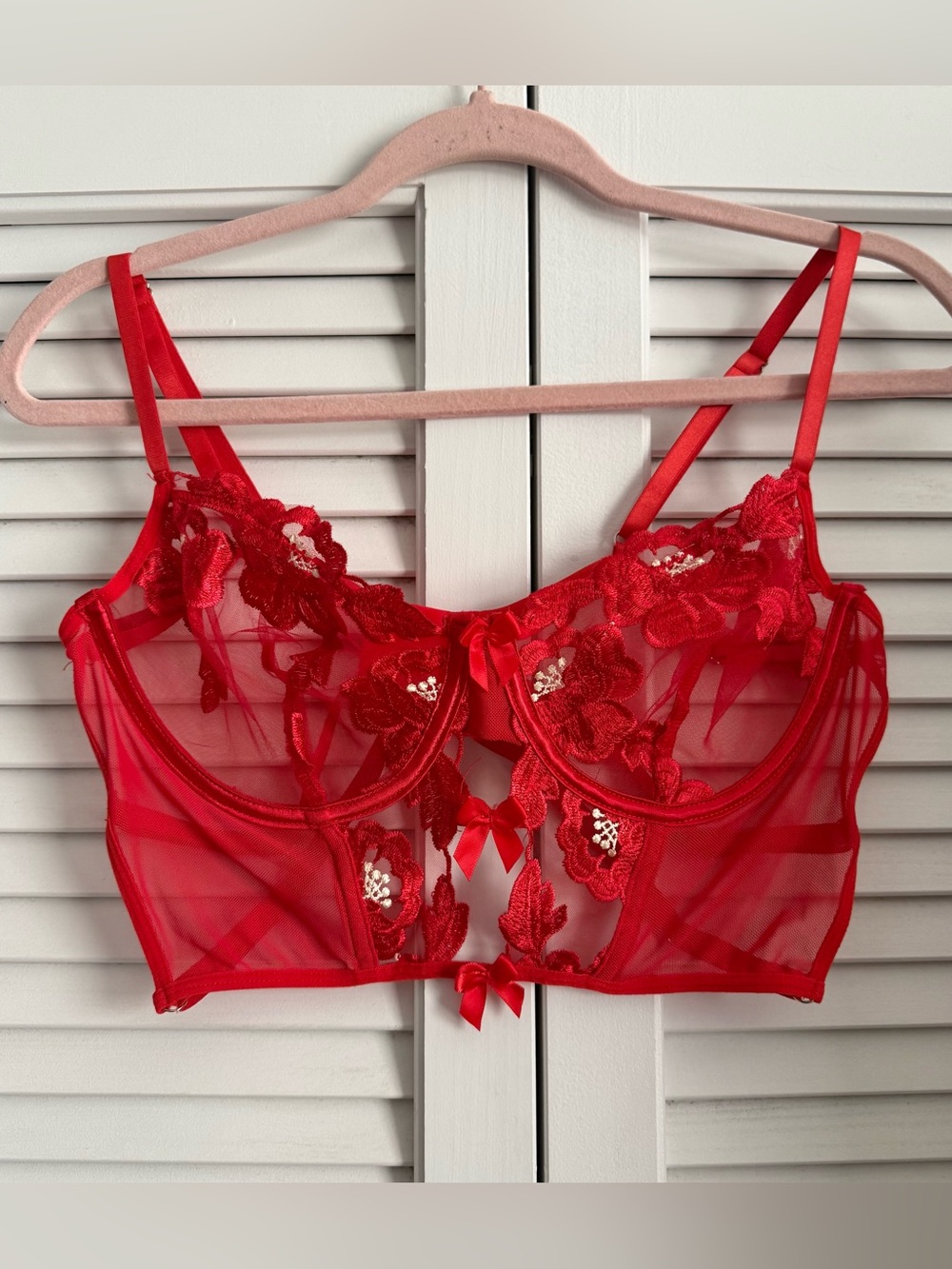 Red Embroidered Sheer Balconette Bra